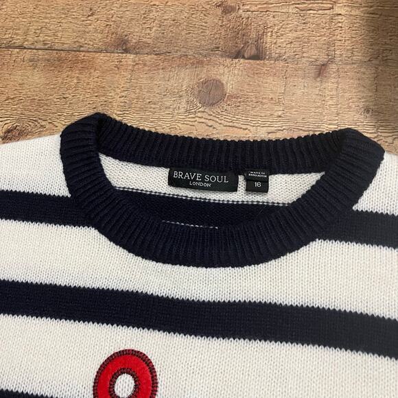 Brave Soul Women's Beige Navy Stripe Anchor Pirate Soft Crewneck Sweater Sz 16 - Picture 4 of 4